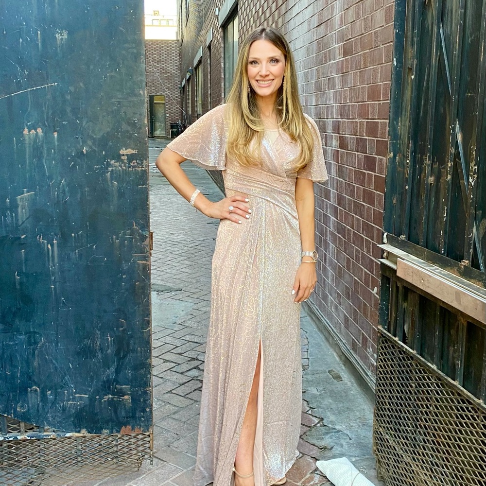 Adrianna Papell V-Neck Sleeve Wrap A-Line Gown